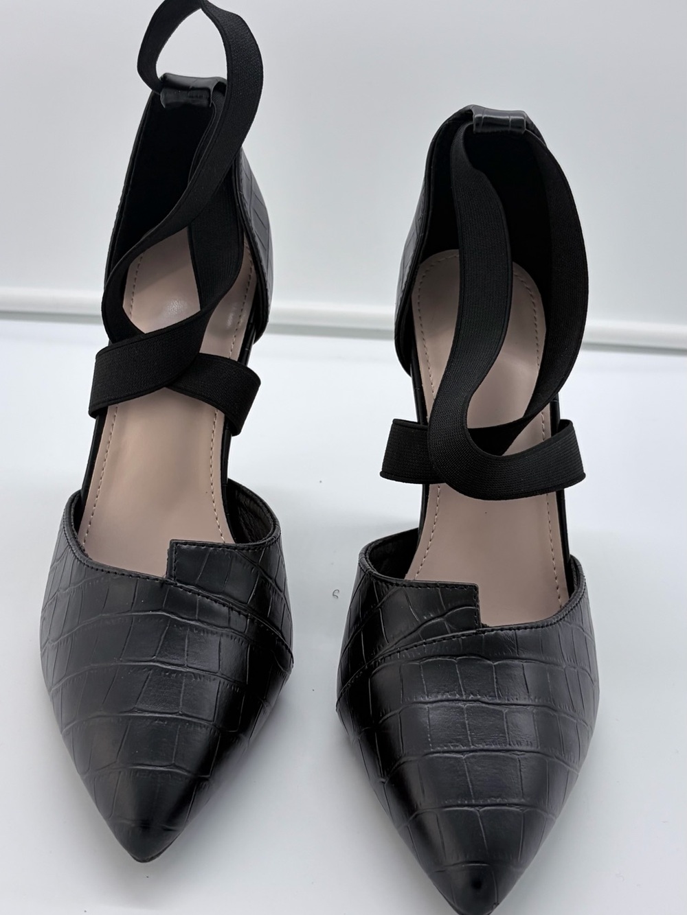 Black Croc-Embossed Pointed Toe Ankle Strap Flats (NO BOX)